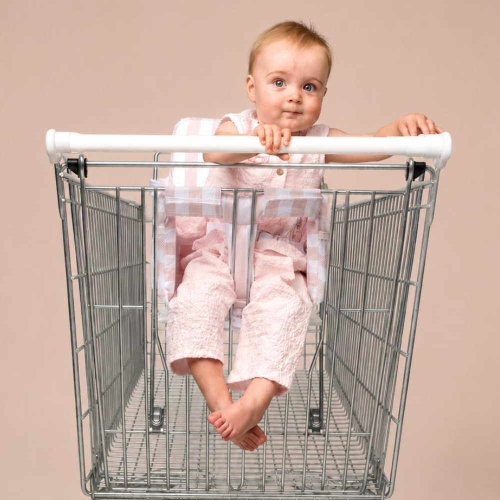 Baby seated in a supermarket trolley using the Little Sonny seat